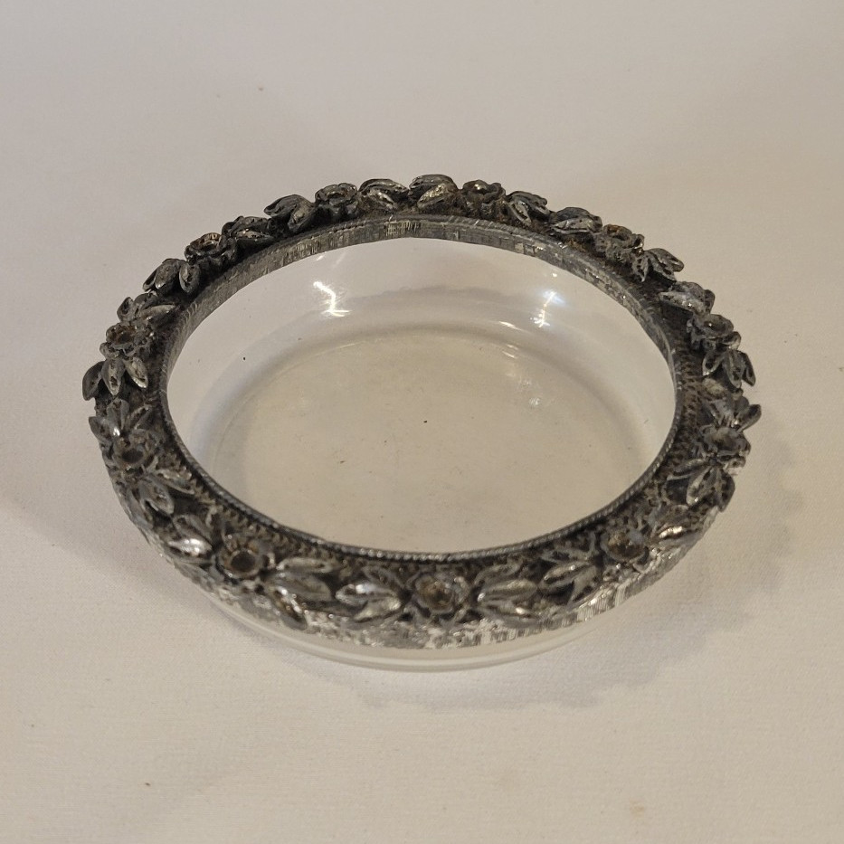 Vintage Clear Glass Ring Dish with Decorative Metal Flower Border
