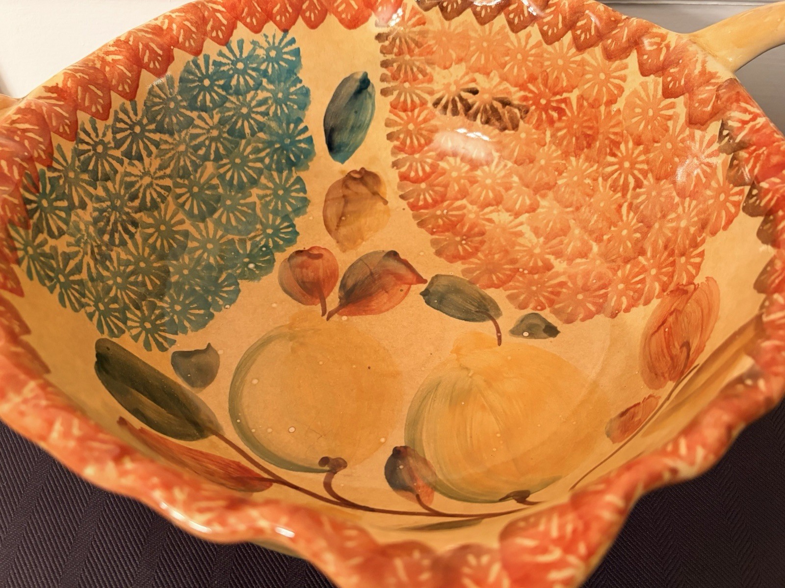 Vintage Italian Hand Painted Majolica Centerpiece Fruit Bowl Double Handle 14”