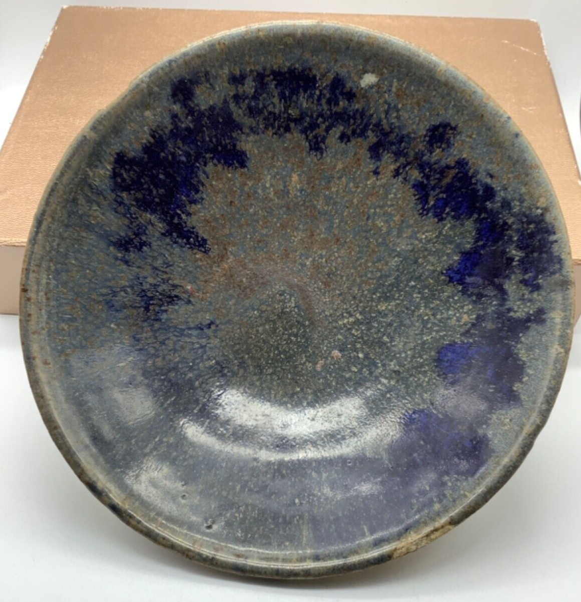 Art Pottery Stoneware Bowl Drip Glaze Blue Grey Tan, Vintage, 8.25” x 2.5”