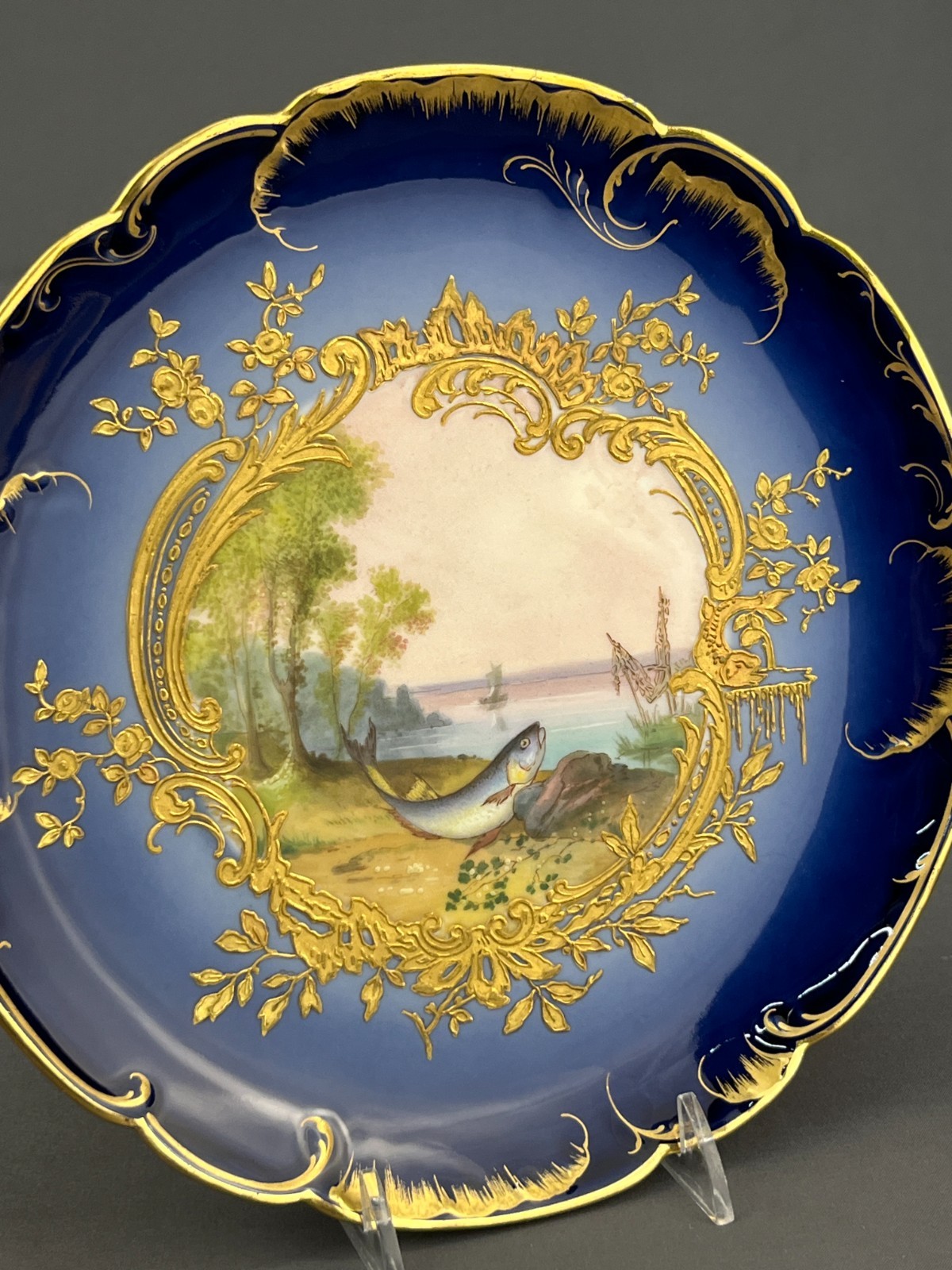 5 Haviland & Co. Hand-Painted 8 ½” Bleu de Four Gilt Fish Plates c. 1876-1899