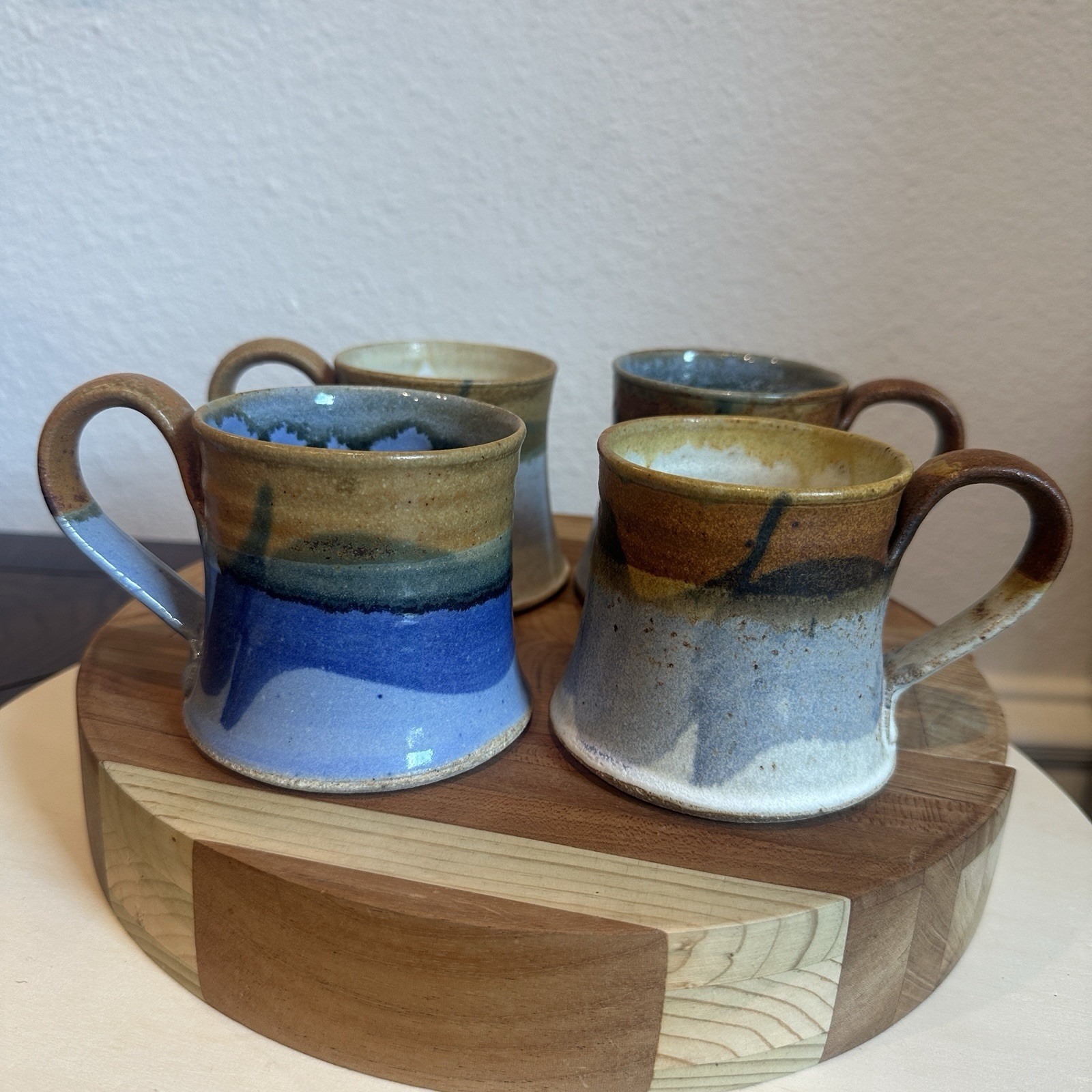 Studio Art Pottery Mugs Set 4 Signed KH Blue Beige Brown Hand Thrown Drip Glaze