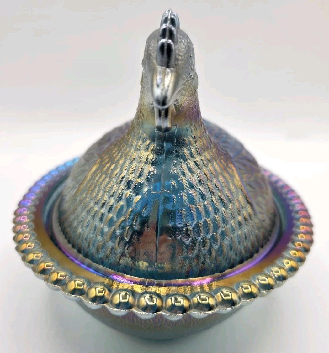 Vintage Indiana Blue Iridescent Carnival Glass Hen On Nest Covered Candy Dish 7″