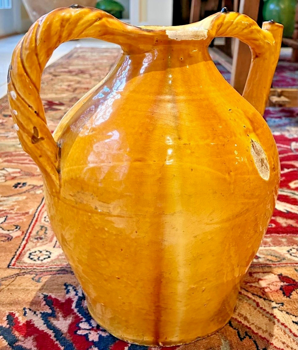 FRENCH ANTIQUE POTTERY YELLOW GLAZE CERAMIC EARTHENWARE CONFIT PITCHER POT