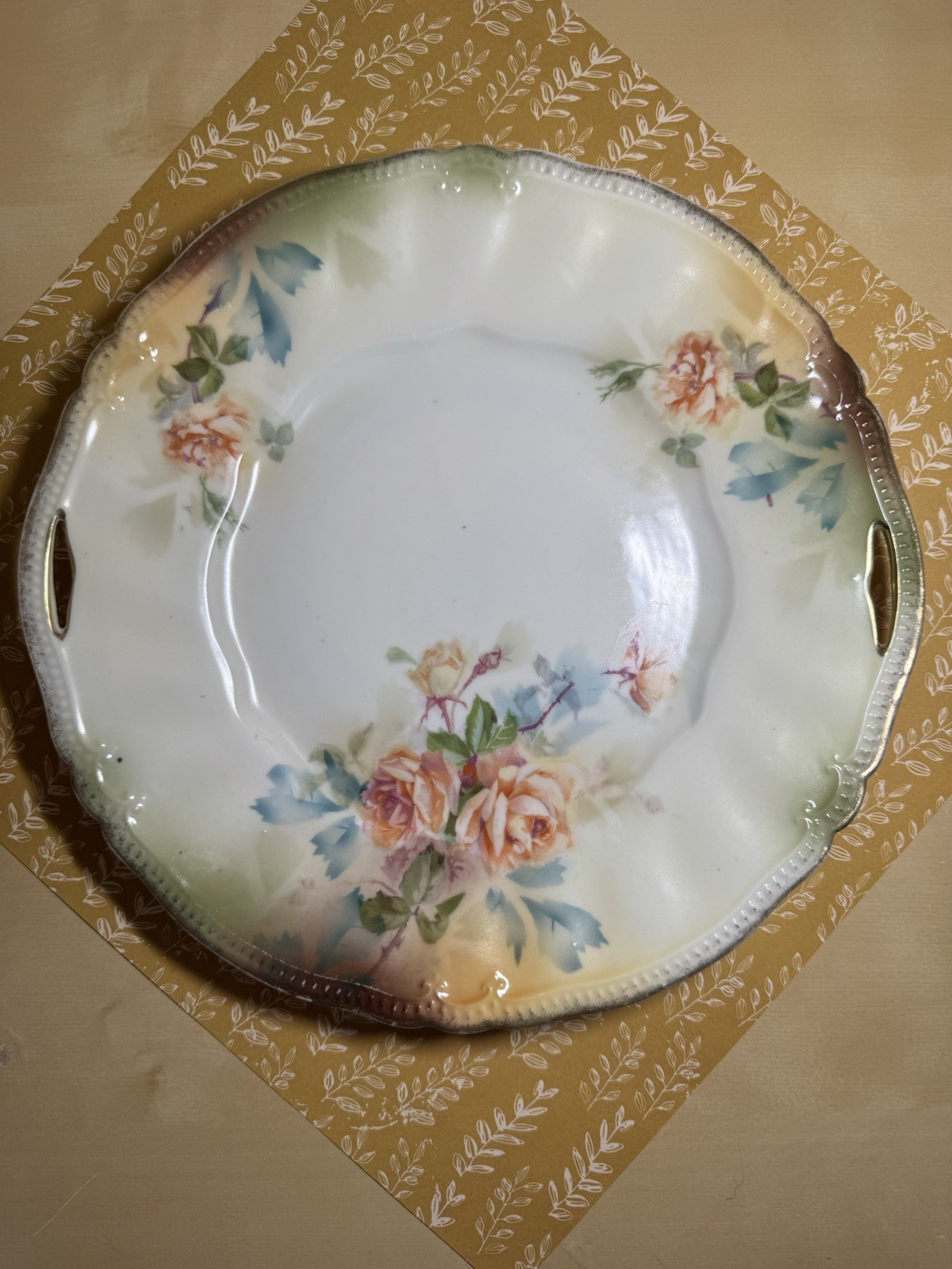 RS Prussia Handled Cake Plate Pierced Handles Scalloped Edge Beaded Trim