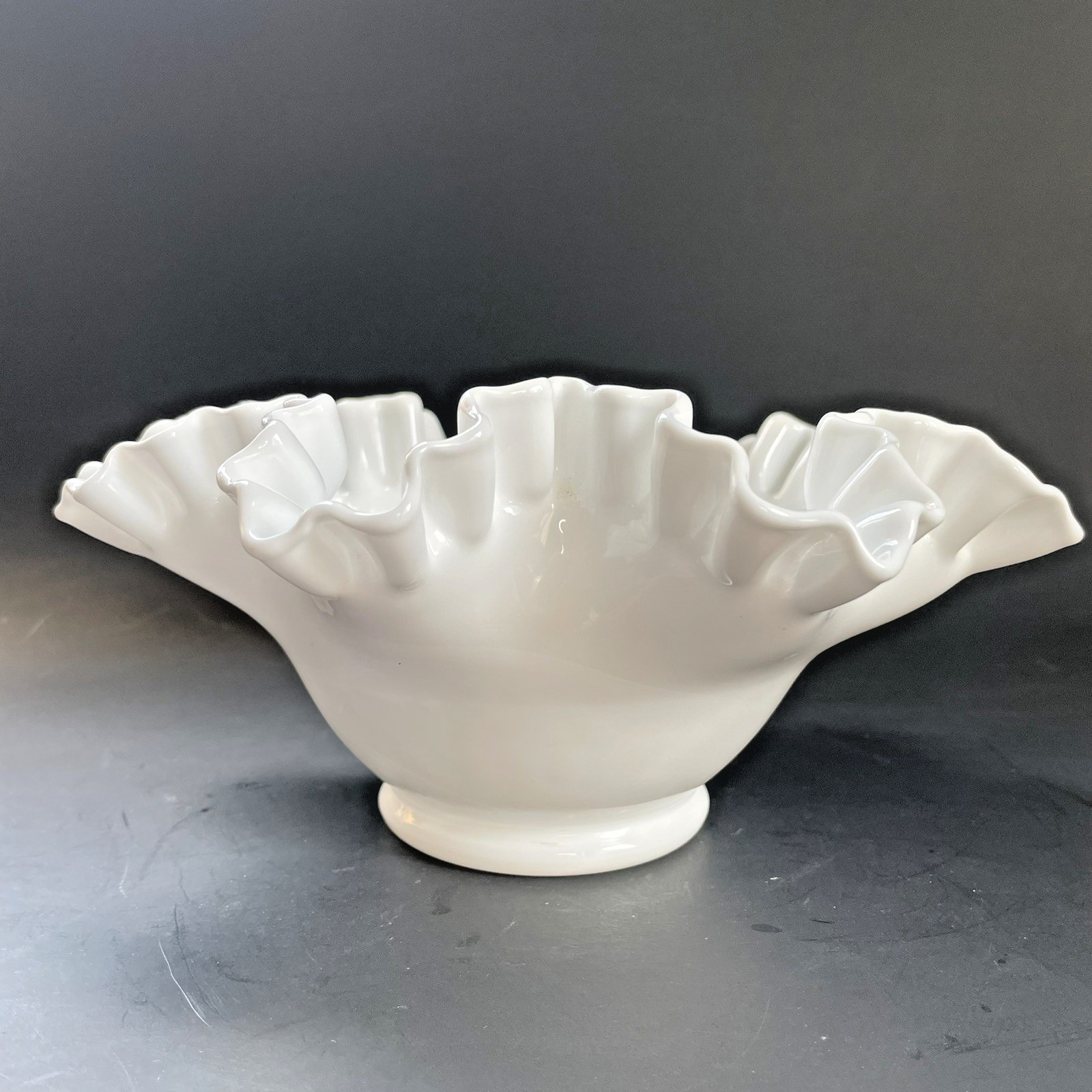 Vintage White Milk Glass Bowl Ruffled & Crimped Edge 9 1/2” x 4 1/2” tall
