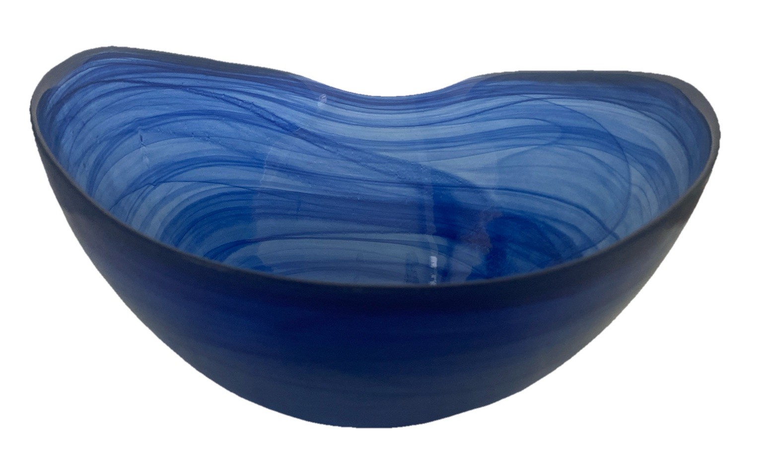 Murano Style Art Glass Cobalt Blue Swirl Asymmetrical Bowl 13 5/8″ Long