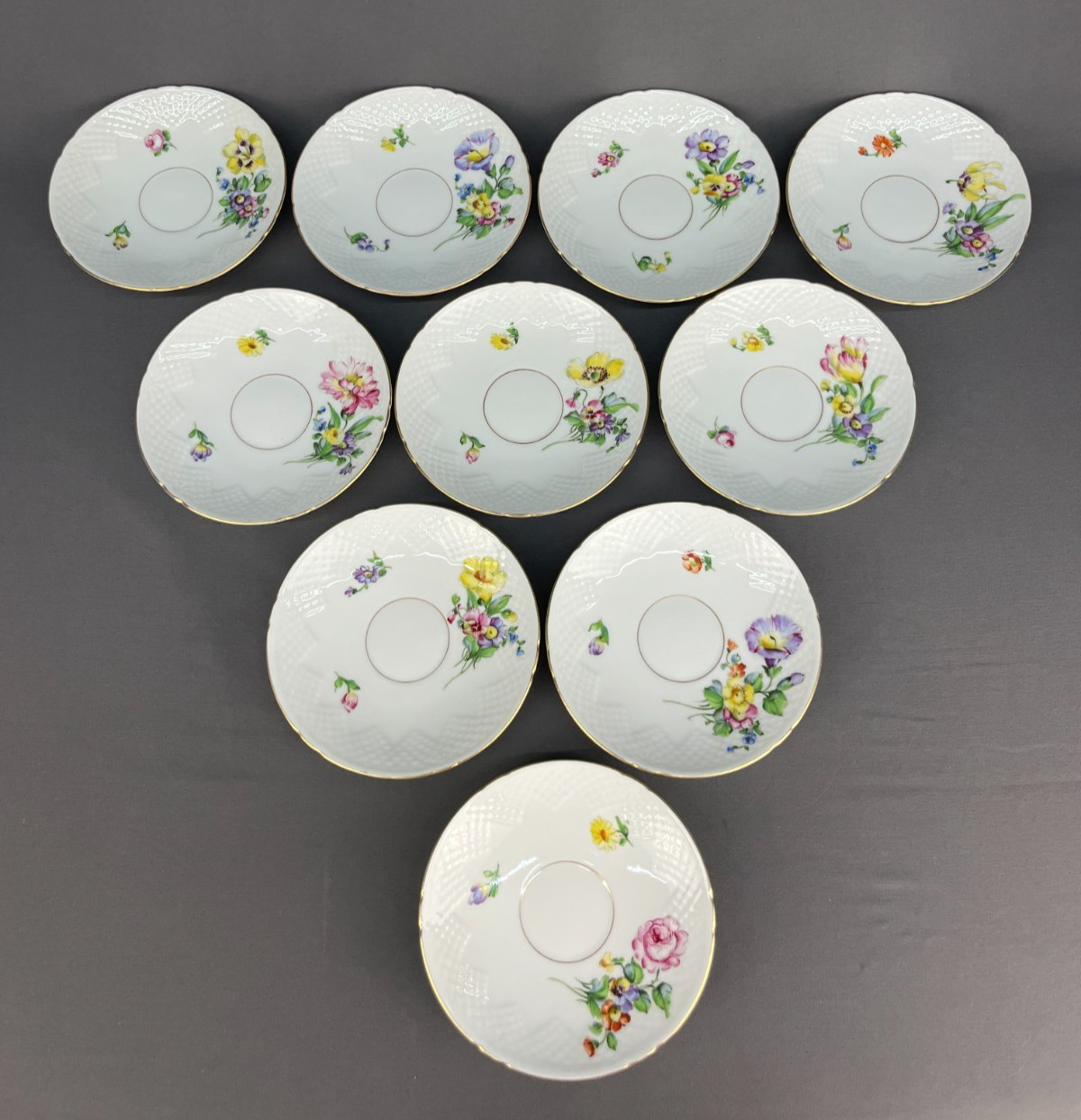 10 B&G Bing Grondahl SAXON FLOWER 2 1/2″ Flat Cup & Saucer Sets c. 1940’s : MINT