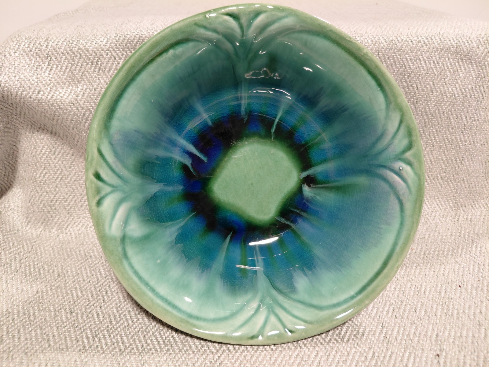California Pottery 273 USA Green & Blue floral drip glaze bowl MCM
