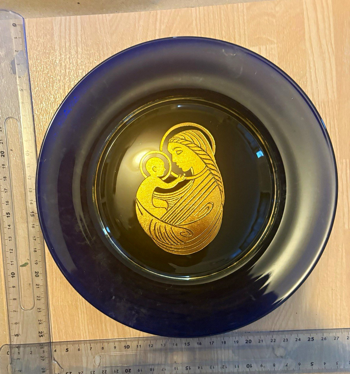 Kosta Blue Glass Decorative Plate Gold Madonna & Child Religious 25cm Round