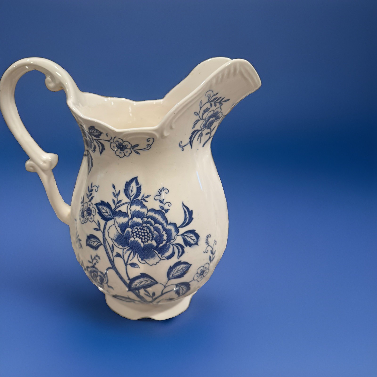 Vintage Norleans Japan Blue and White Floral Ceramic Water Pitcher 10-1/2”