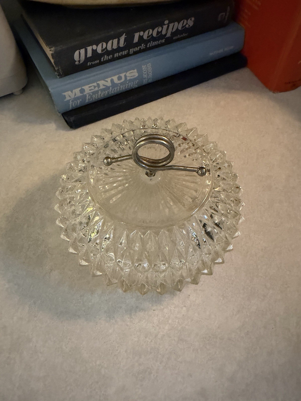 Indiana Glass Diamond Point Candy Dish Powder Trinket Box Lid Chrome Handle