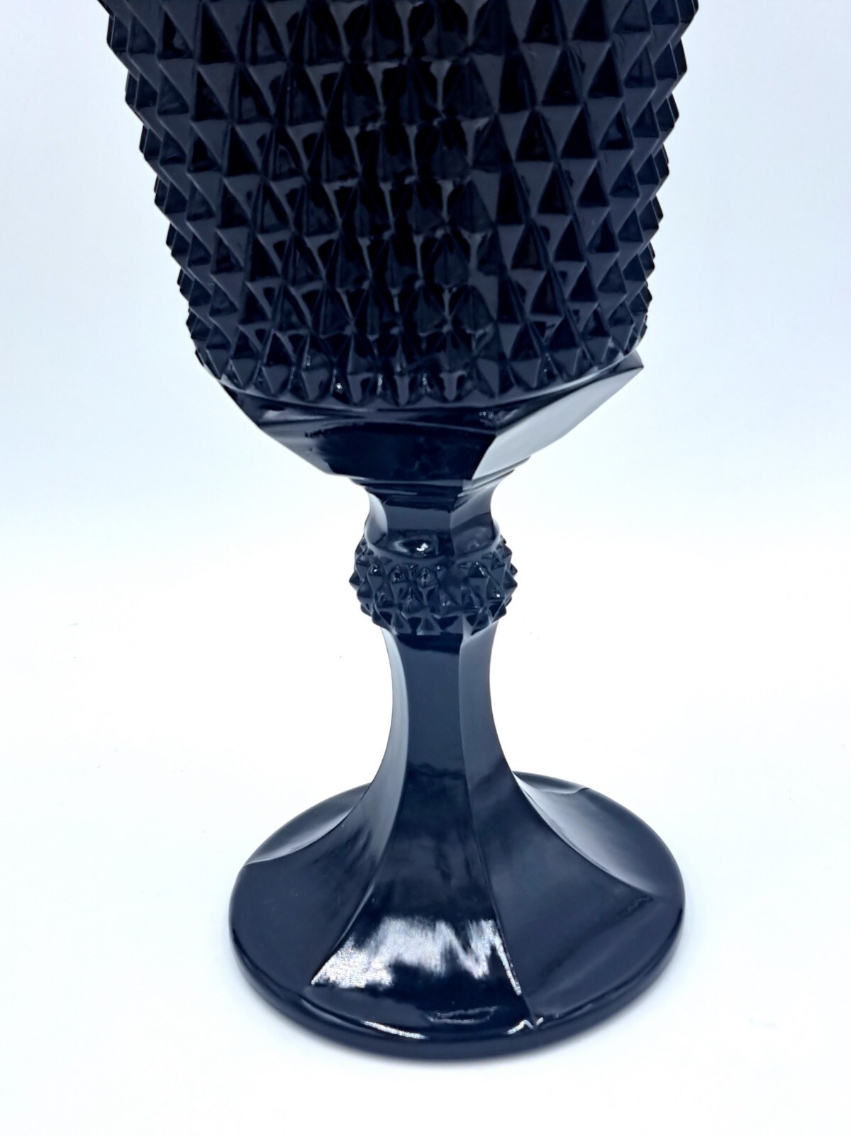 Vintage Tiara Indiana Black Glass, Diamond Point Pedistal Covered Candy Dish 15″