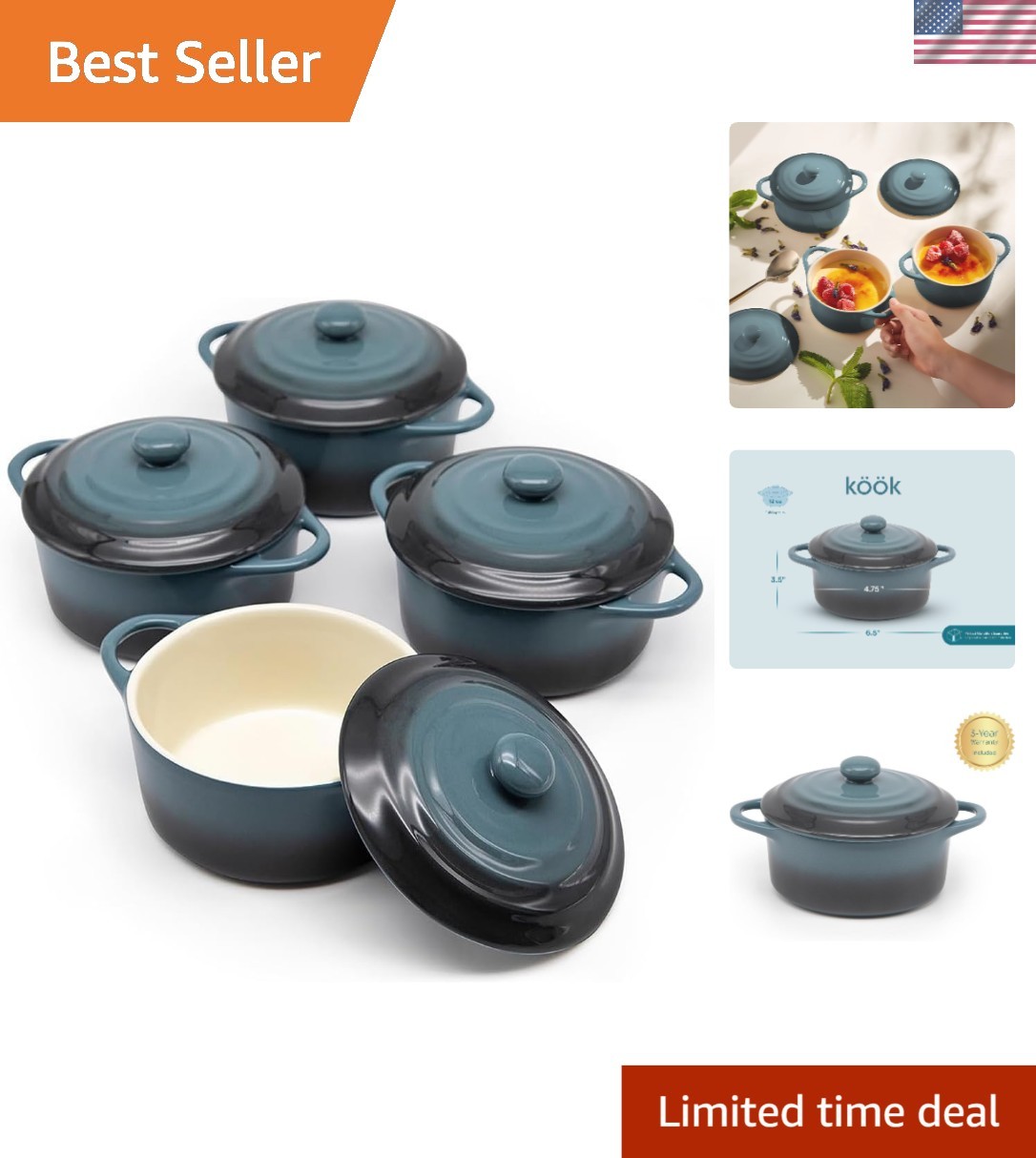 Set of 4 Stone Ombre Mini Cocottes – 12 oz Casserole Dishes for Elegant Dining
