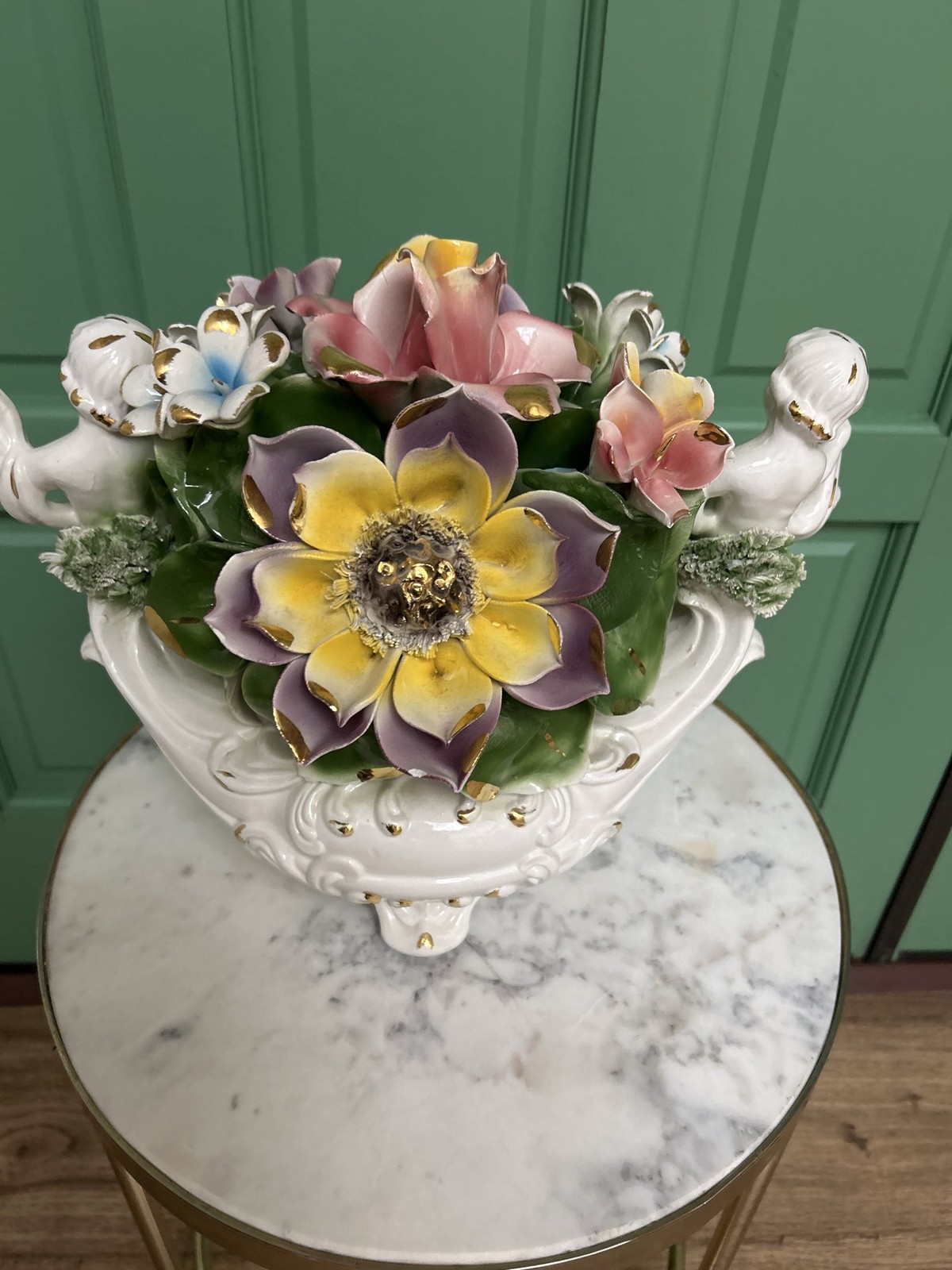 Vintage Capodimonte Porcelain Floral Cherub Centerpiece Italy Hand Painted