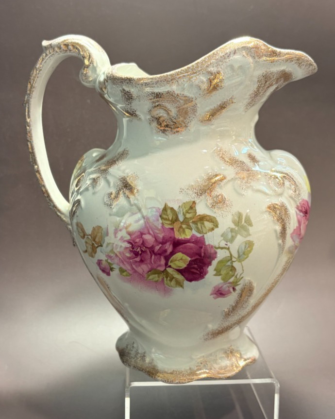 Antique J&G Meakin Hanley England Ironstone Washstand Pitcher Rose Floral Gilt