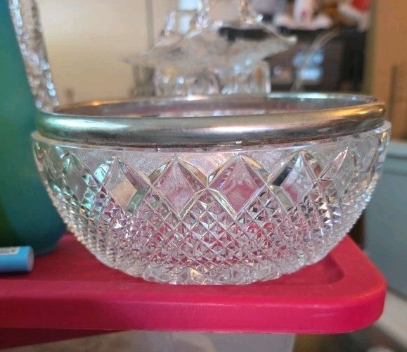 Vintage Silver City Cut Glass Crystal Bowl with Sterling Silver Rim Starburst
