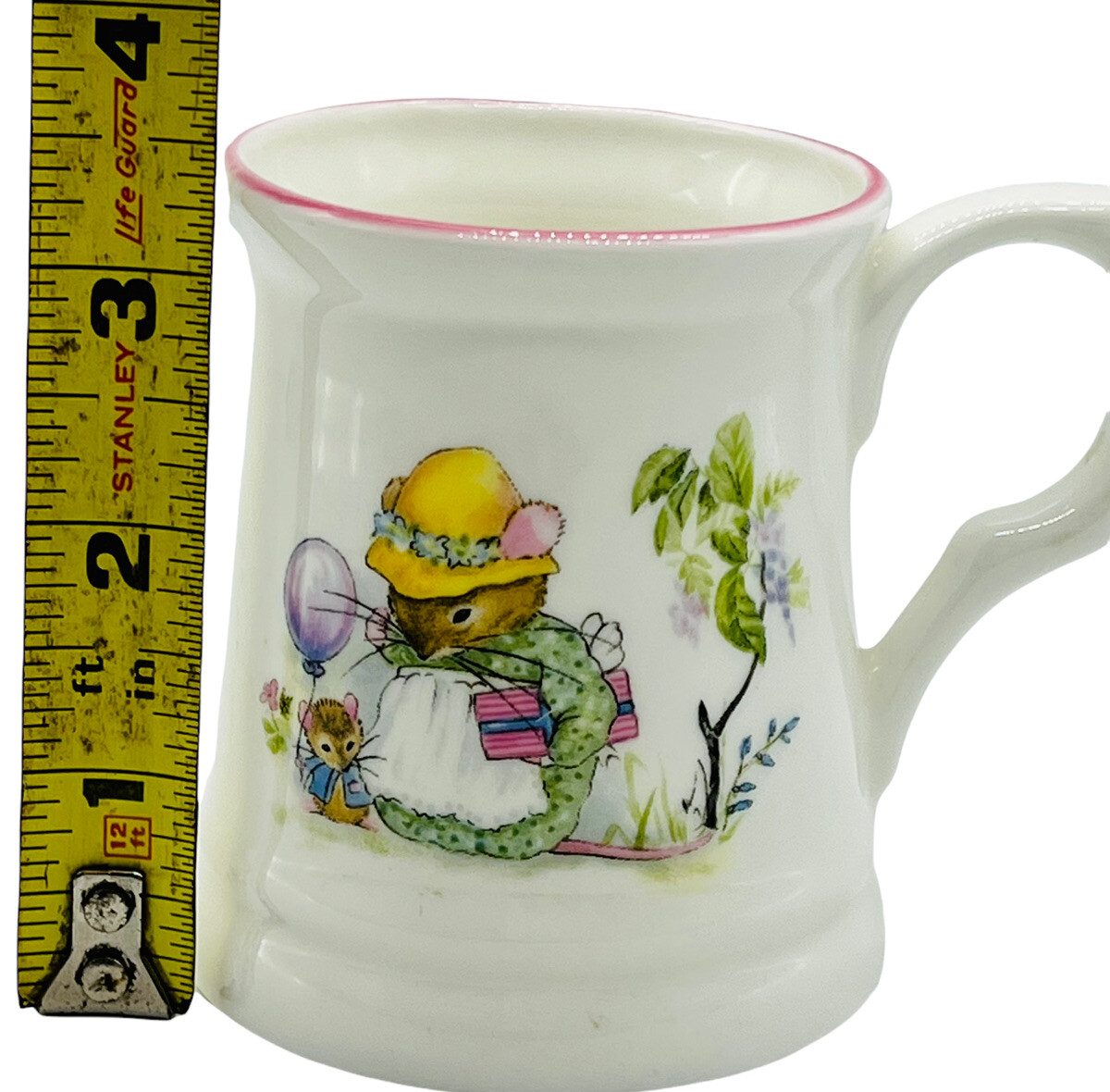 Mouse Party Straffordshire Amber Bone China Handled Cup 6 oz Pink Trim