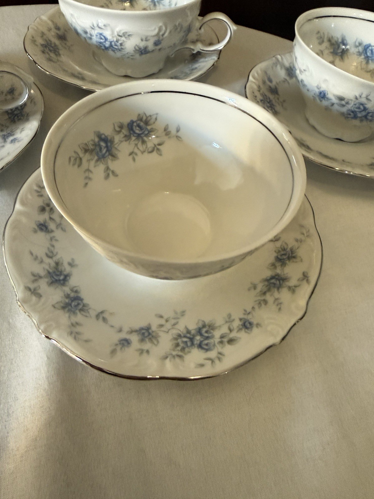 Vintage Winterling Teacup and Saucer White Blue Floral Platinum Trim Germany Set
