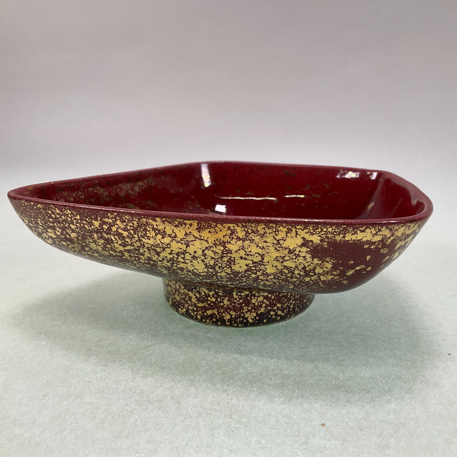 Mid Century Gold Spatter Burgundy Asymmetrical Bowl #8804 Vintage MCM