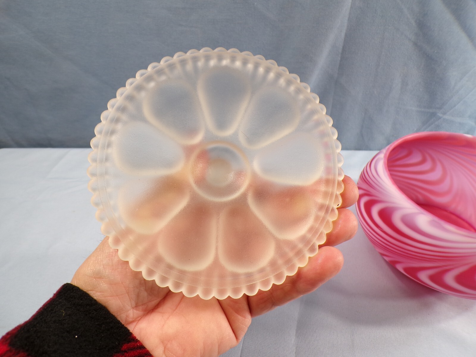 Fenton Cranberry Satin Glass Swirled Feather Candy Jar (Not Smaller Puff Box)