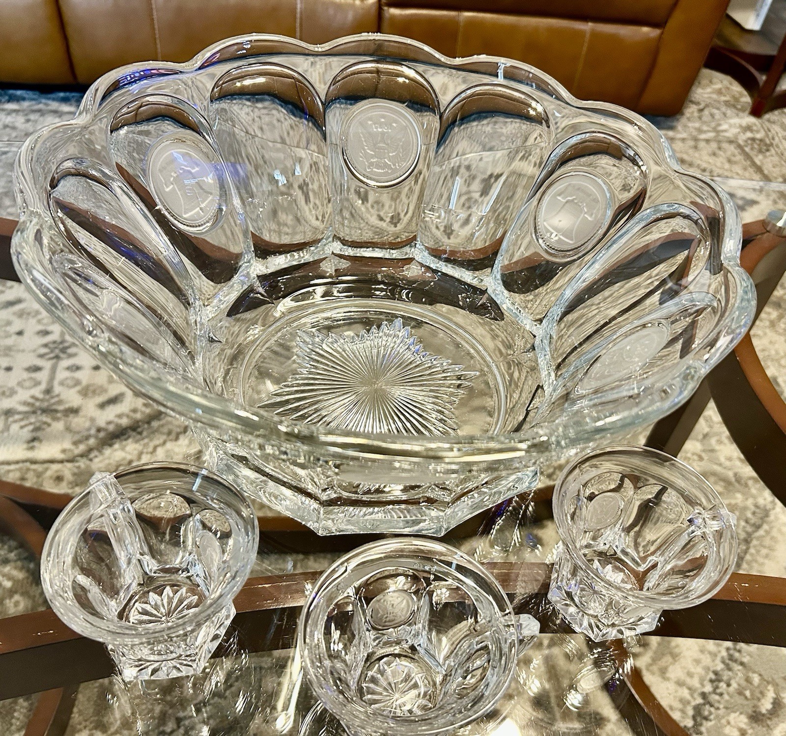 Vintage Fostoria Coin Clear Glass Punch Bowl Set – 14.5” Bowl With 3 Cups Mugs