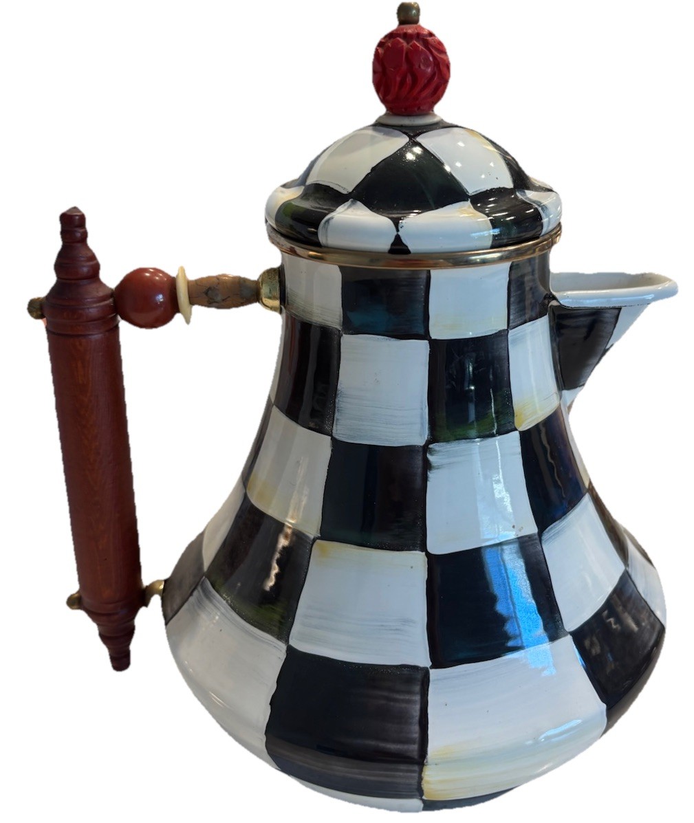 MacKenzie-Childs COURTLY CHECK Enamel 64 Oz Jug & Lid w/ Red Finial Coffee Pot A