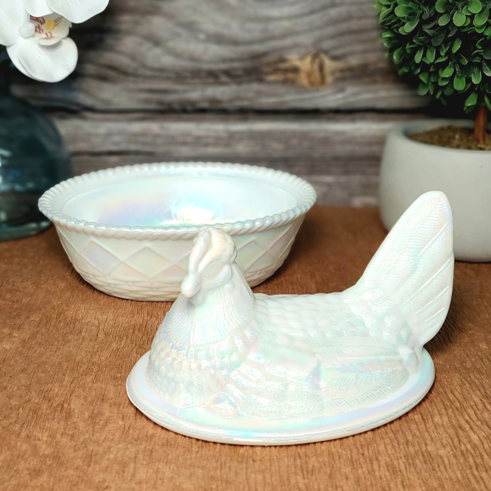 Pearl Carnival Glass Hen on Nest Chicken Candy Dish, Depression Style, VTG Decor