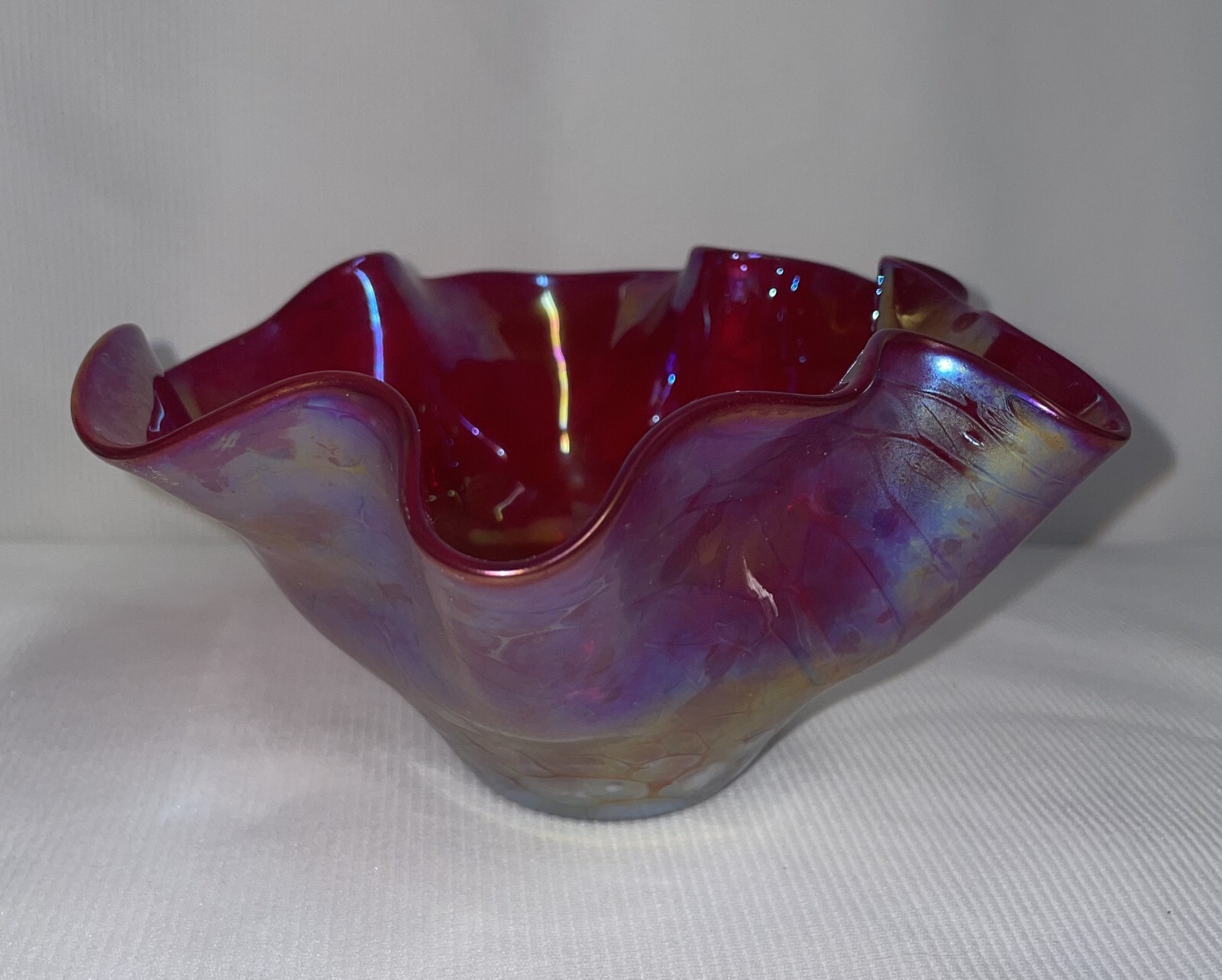 Hand Blown Wavy Edge Iridescent Carnival Glass Bowl Pontil Mark 3 1/2 Inches