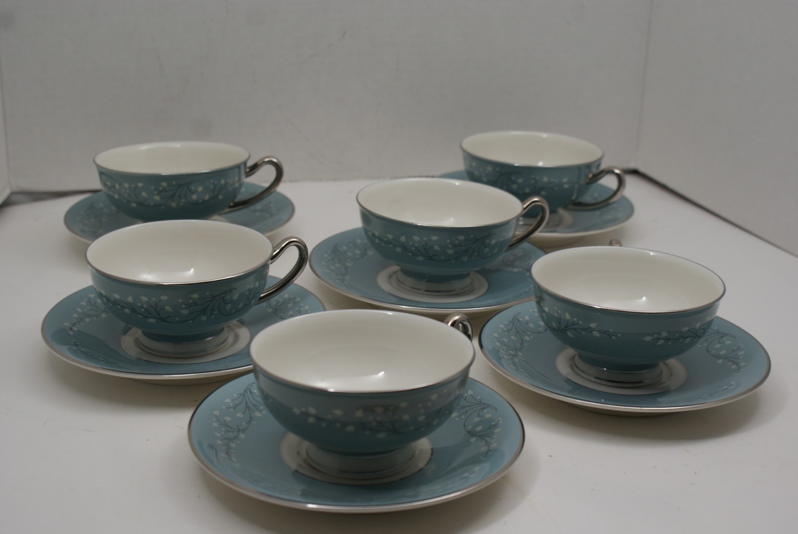 Syracuse China Minuet Footed Cup and Saucer White Blue Platinum Trim Lot of 6