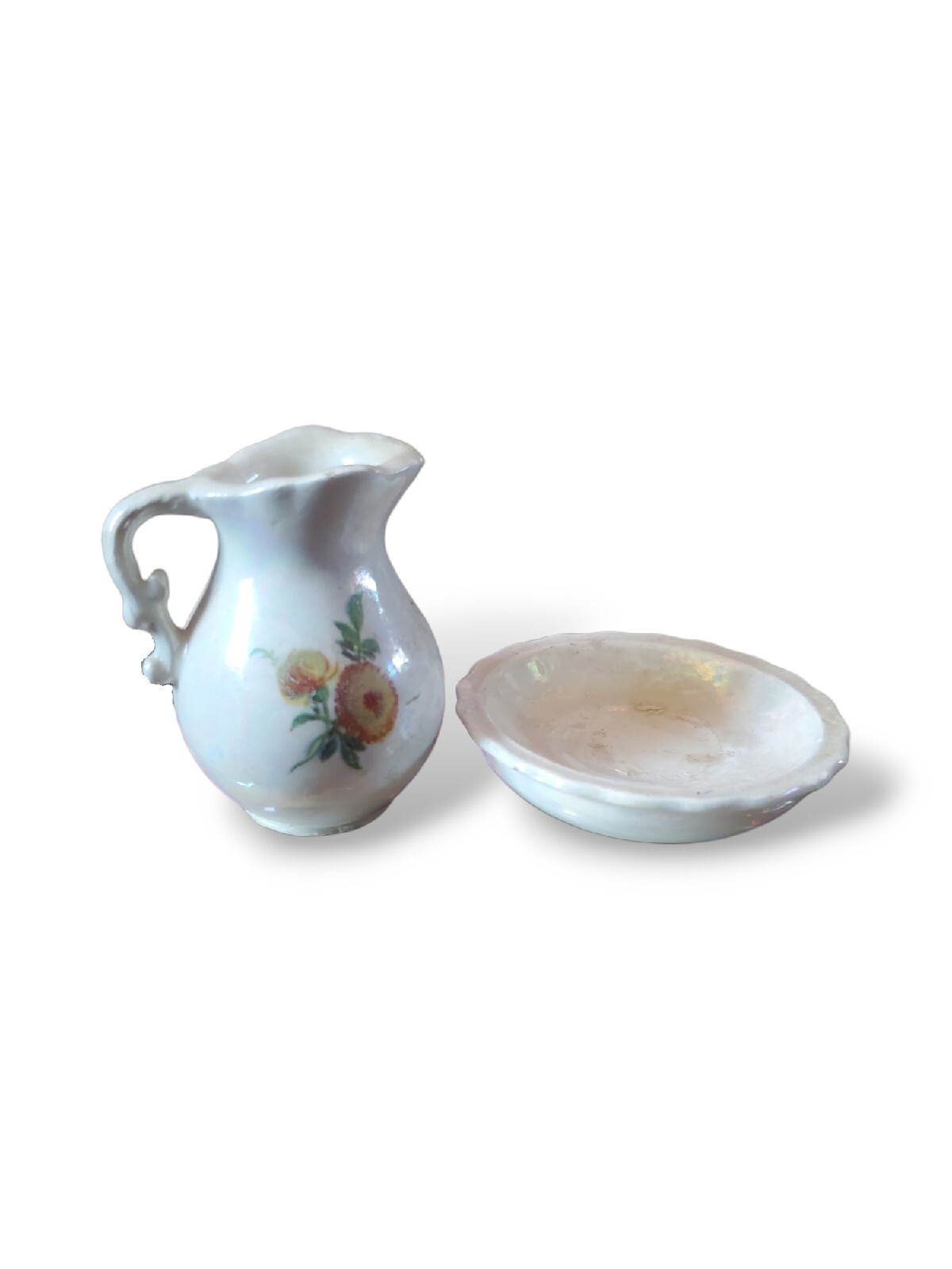 Vintage Miniature Creamer Pitcher And Saucer Set Floral Picture On Pitcher