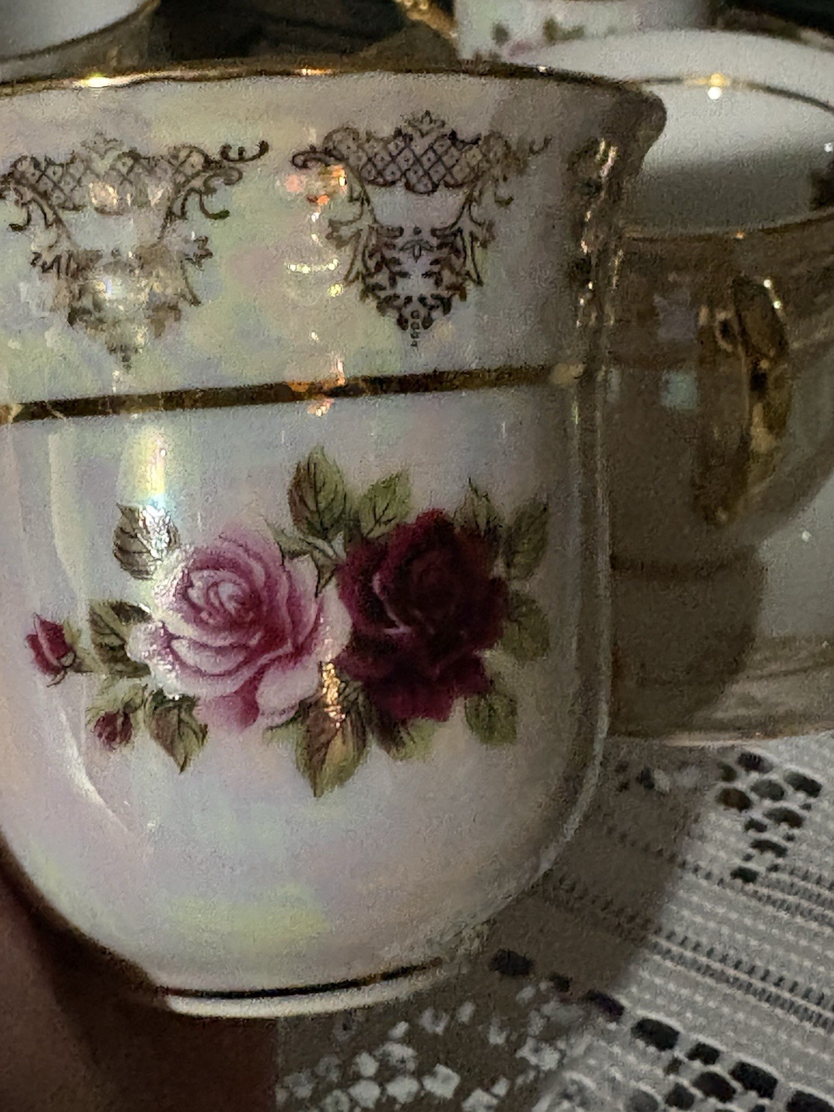 Yasui Porcelain 24KT Gold Plated Floral Cup & Saucer Set White Pink Green