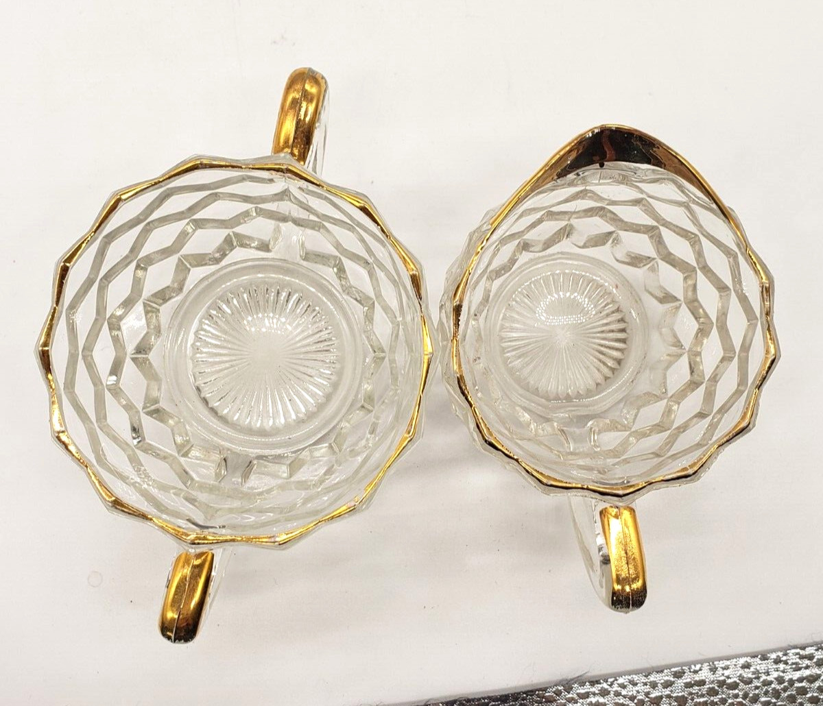 Vintage Depression Clear Glass- Cubist Pattern Sugar Bowl and Creamer gold trim