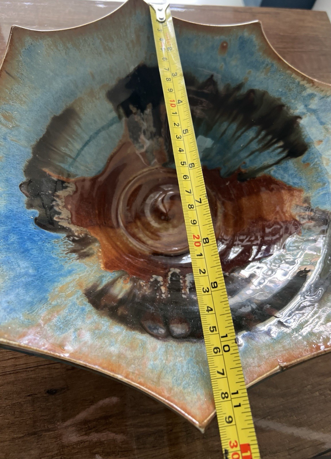 Phil Mayhew Studio Art Pottery Drip Glaze 12” Bowl Blue Footed decorative
