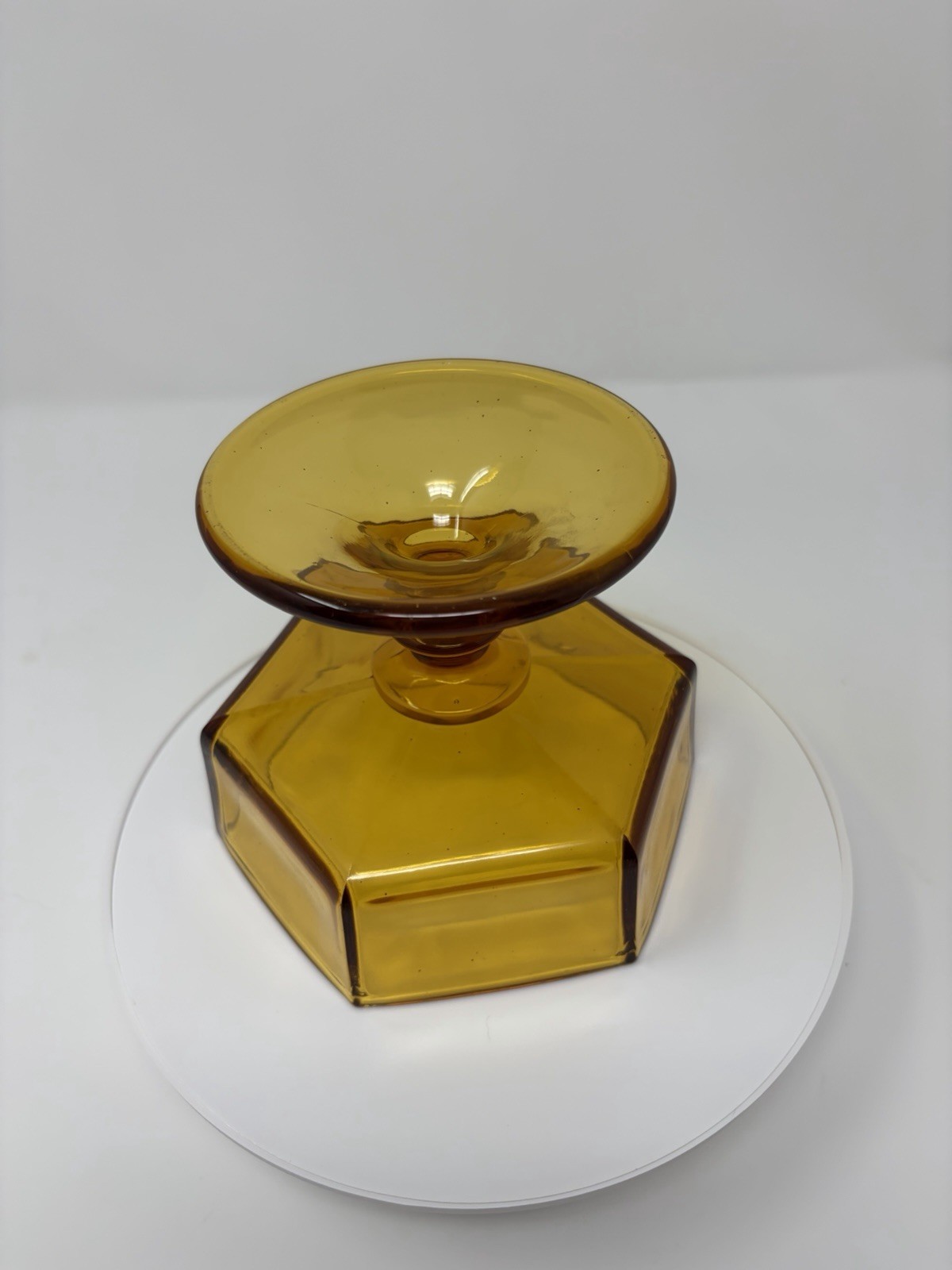 Vintage Amber Hexagon Covered Candy Dish Pedestal Compote Etched Glass MCM