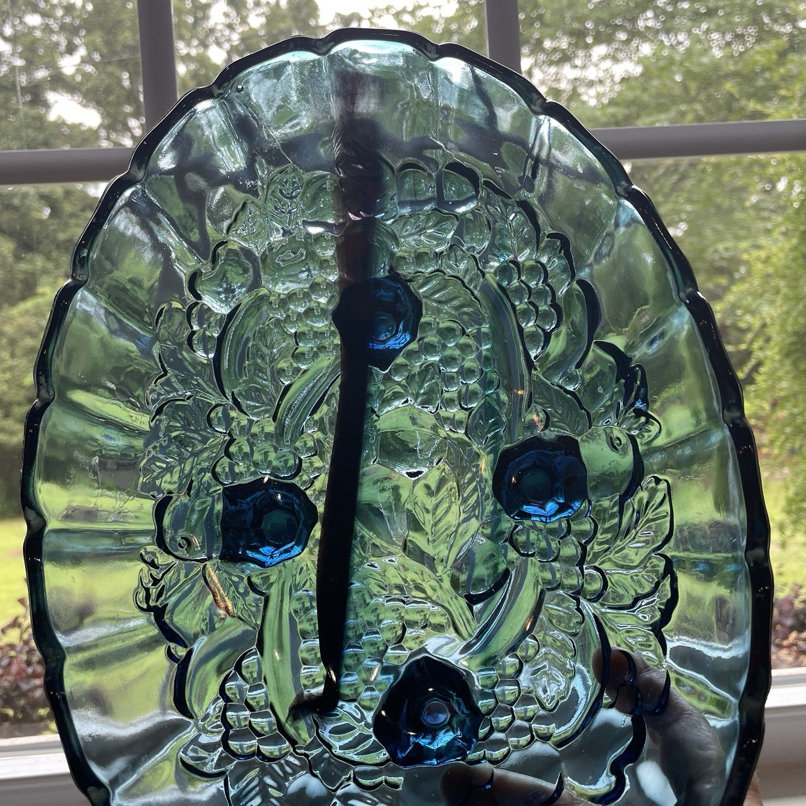 Vintage Indiana Glass Blue Garland Fruit Bowl Footed Oval 12inches Harvest Grape