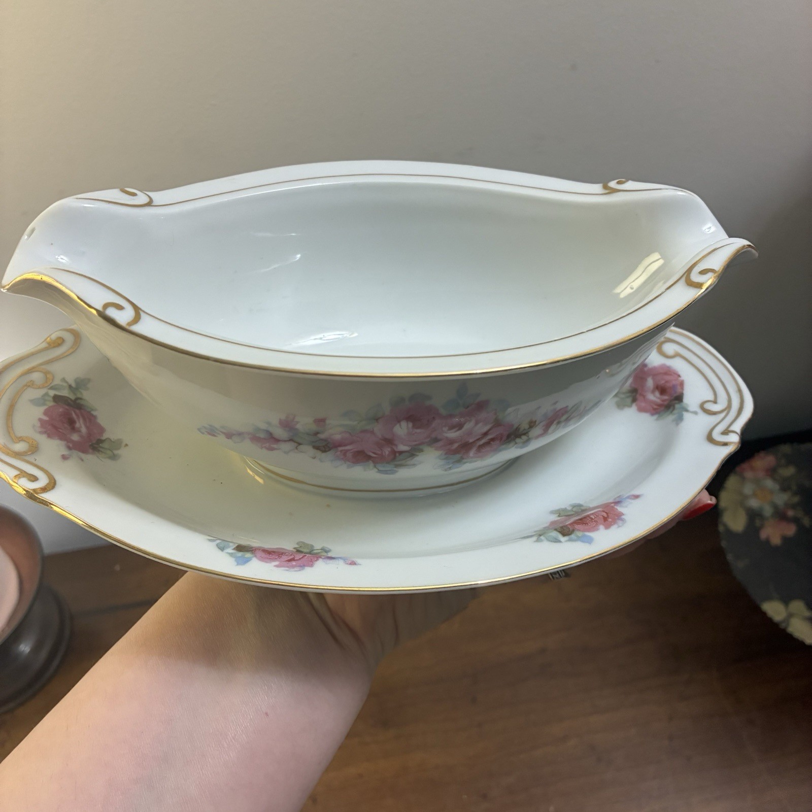 Vintage Fine China Corona Gravy Dish W Saucer Pink Roses Made In Occupied Japan