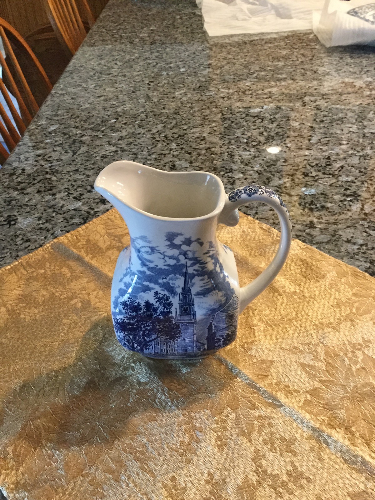 Staffordshire LIBERTY BLUE Pitcher 7.75 in. Old North Church Ironstone White