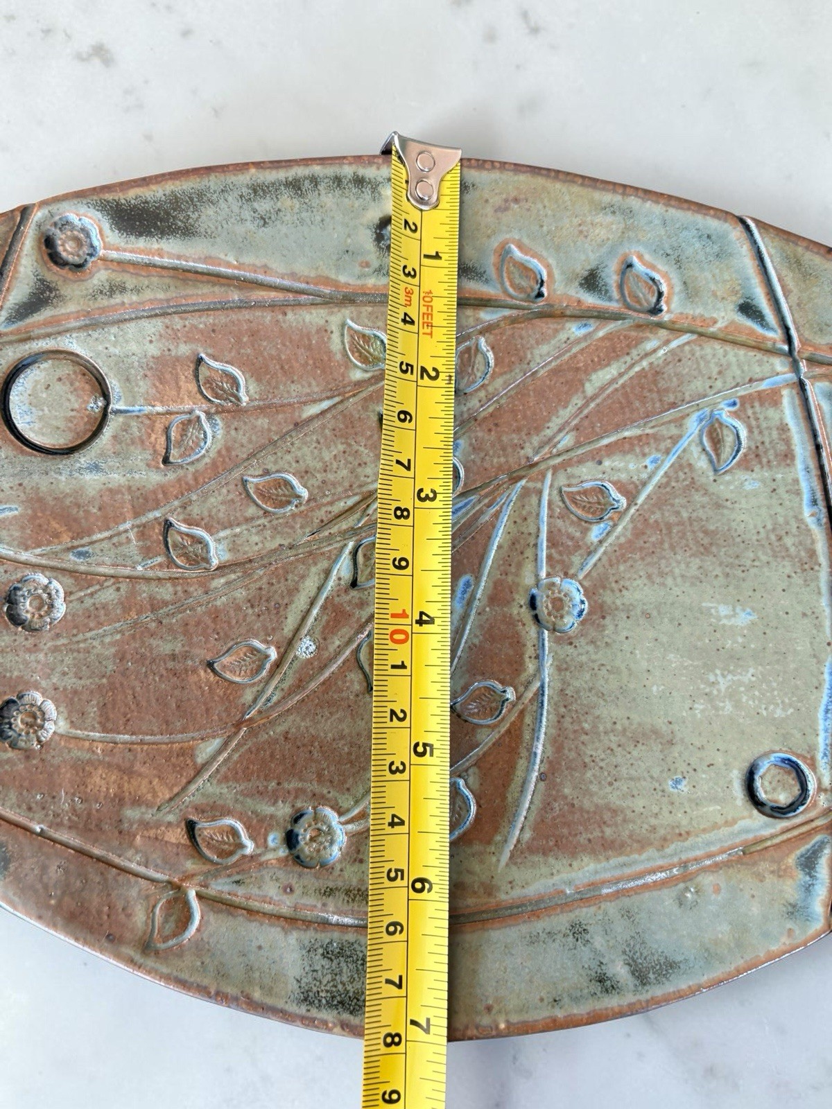 Studio Art Pottery Platter / Tray With Botanical Motifs, Incised And Signed