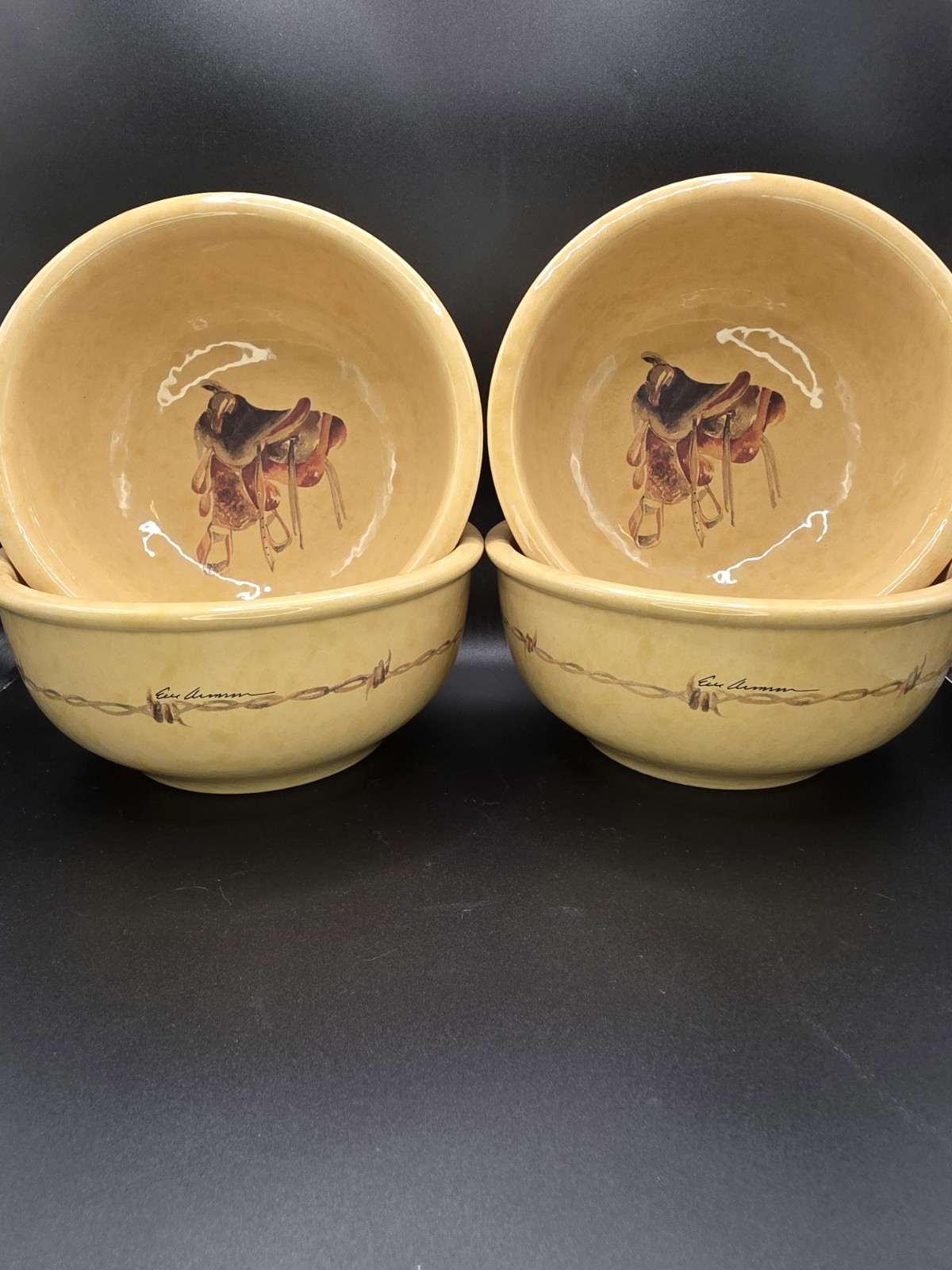 4 Eve Armson Signed Cowboy Living Soup/Cereal Bowl Saddle Barbwire Collection
