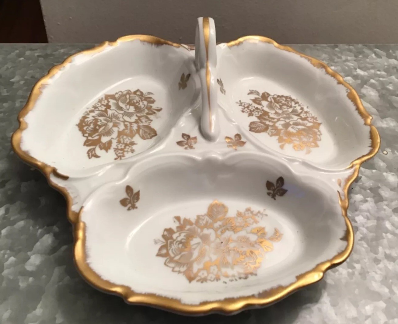 Vintage Fonde en 1789 Gold trim Porcelain Serving Dish Hand Painted in France