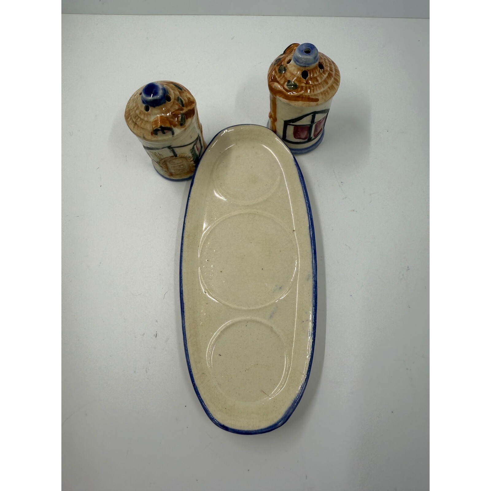 Vintage House Salt and Pepper Shakers with Tray Ceramic Made in occupied Japan