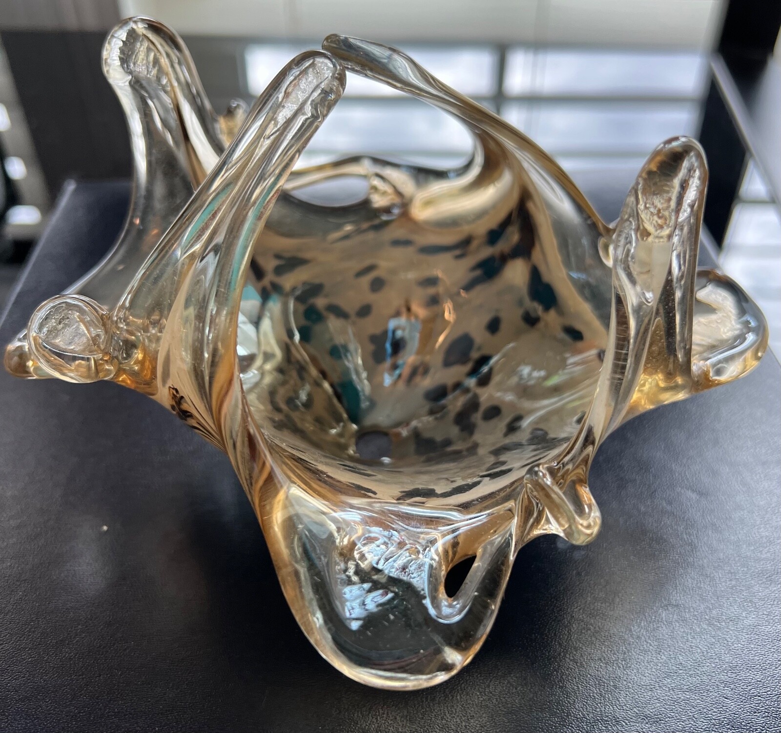 Finger Art Glass Small Bowl Light Neutral Gold Black Spots Swirl 6″ x 5″ Candy