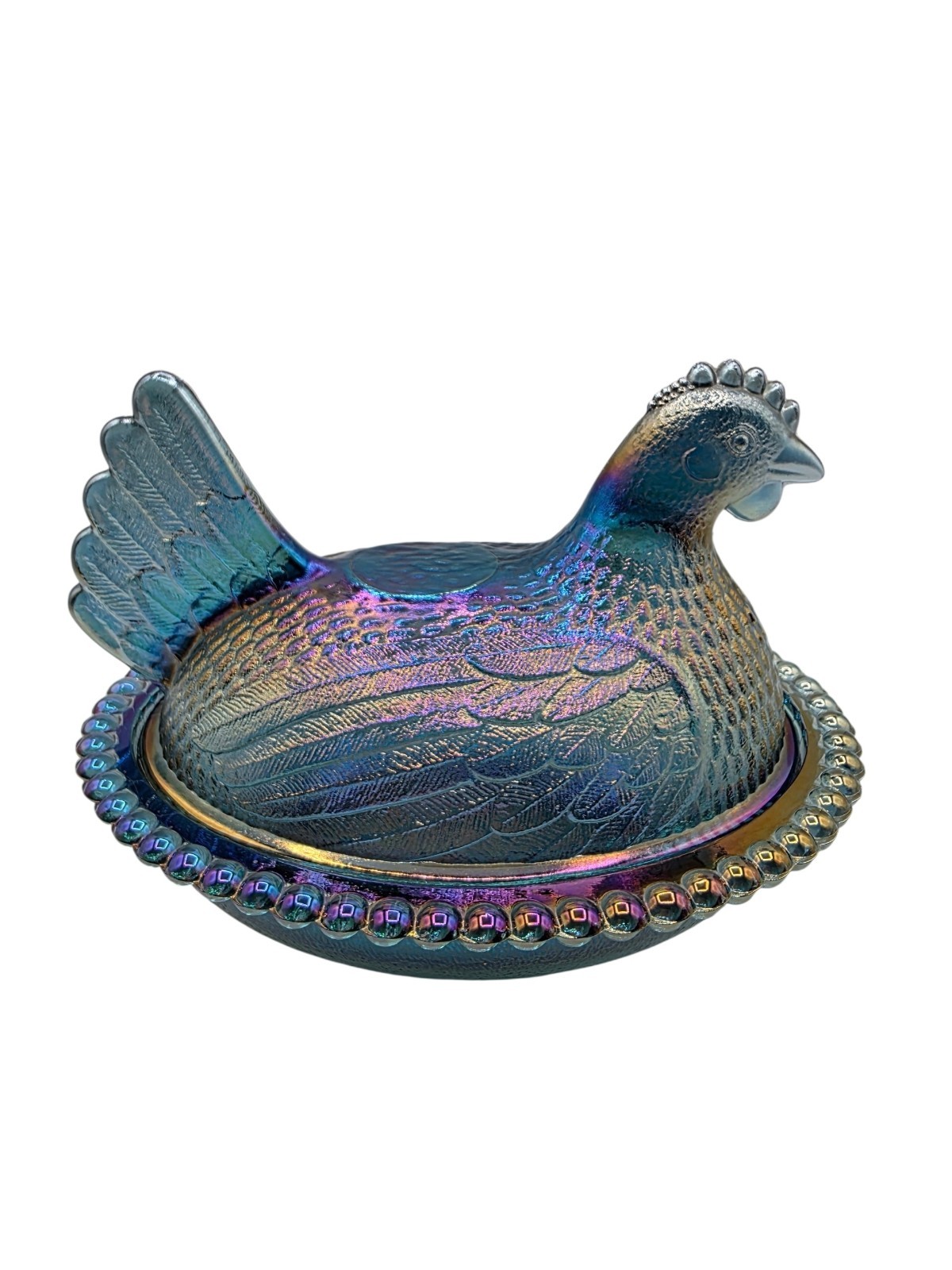 Vintage Indiana Blue Iridescent Carnival Glass Hen On Nest Covered Candy Dish 7″