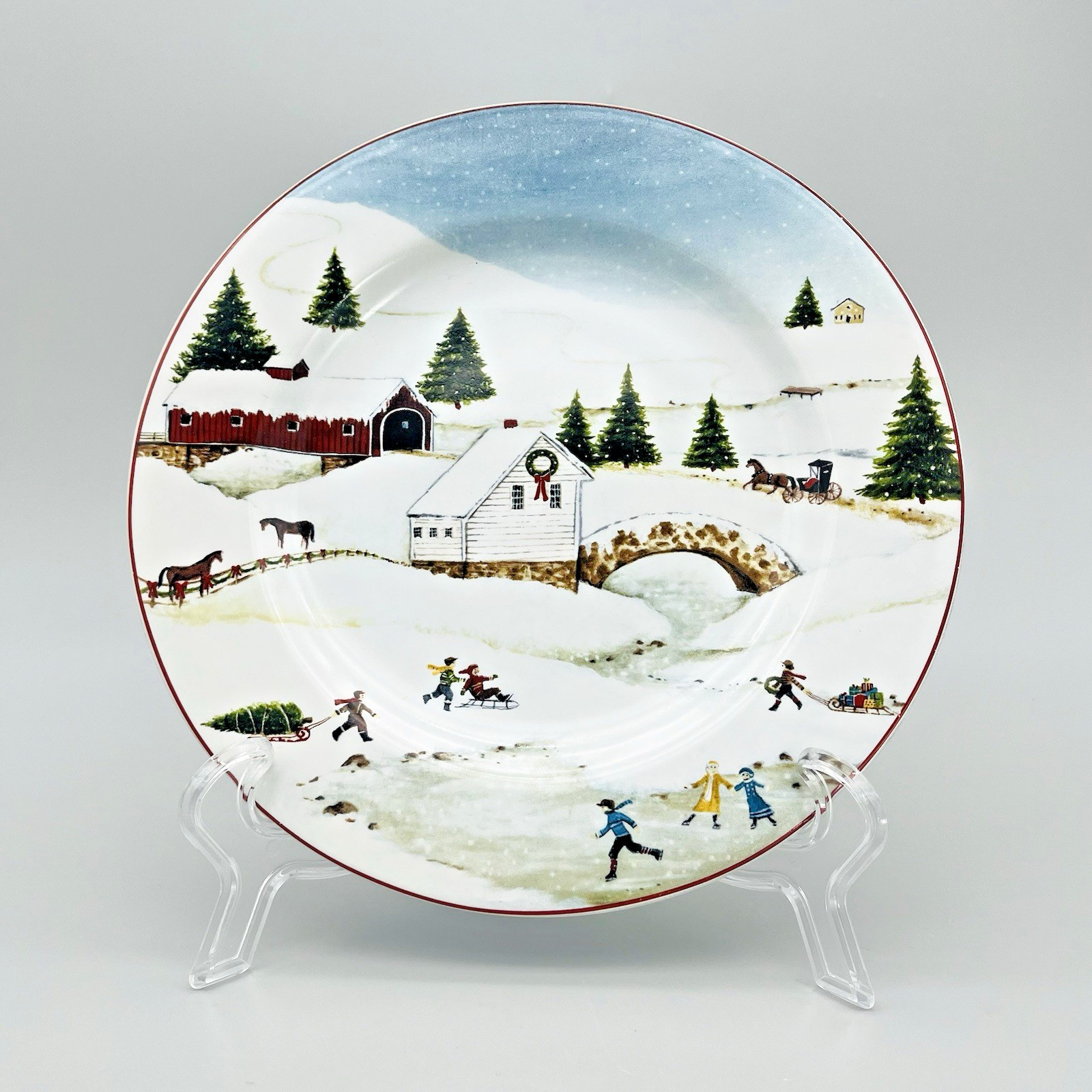 Christmas Valley Ice Skating Snowy Covered Bridge 8-1/4″ Plate Sakura Stoneware