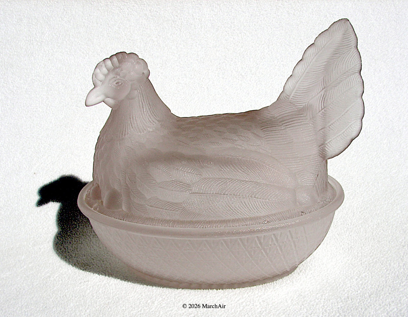 Antique Frosted Glass Hen on Nest Covered Dish 7” Geometric Base Aetna Glass Co.