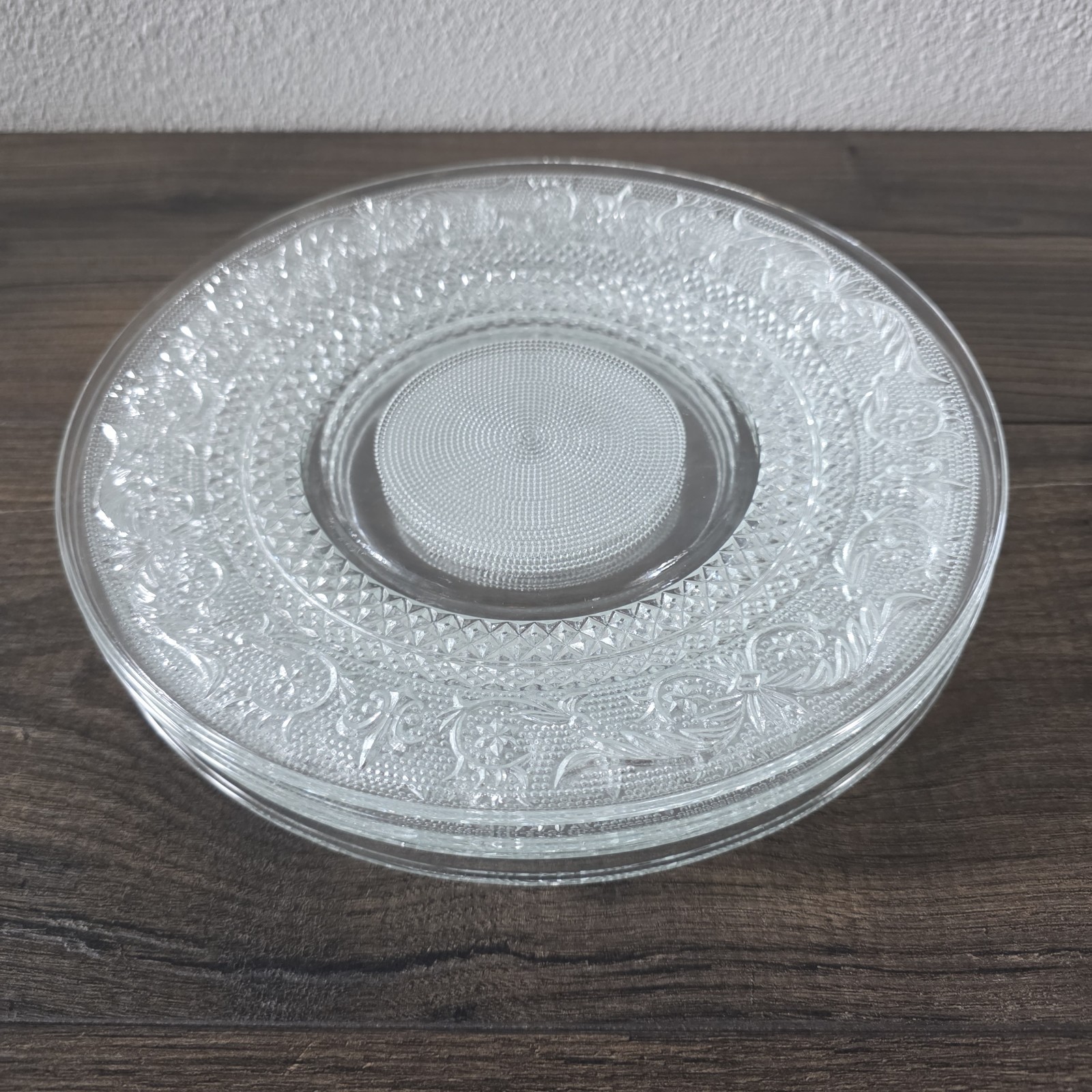 KIG Malaysia Pressed Glass Plates Set 4 Fleur De Lis Clear Vintage