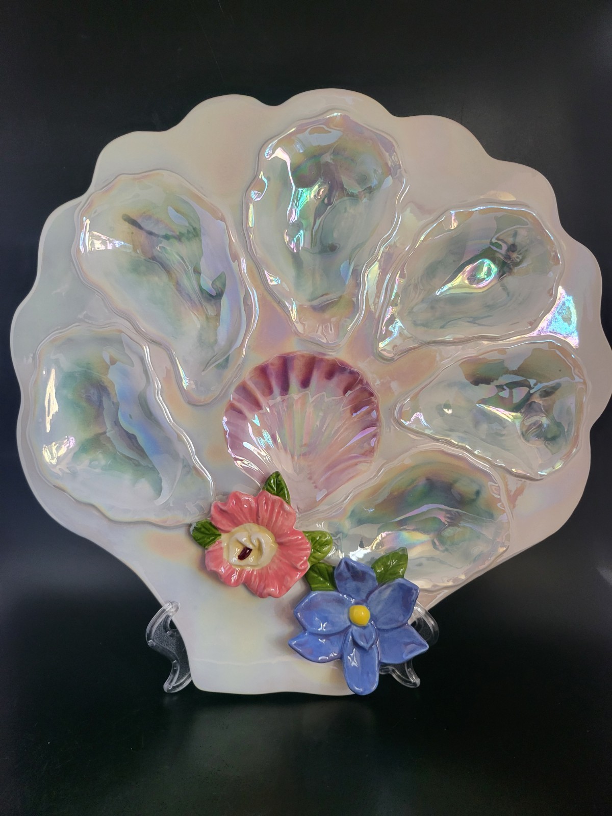 Iridescent Ceramic Oyster Plate with 3D Dimensional Flowers One Plate