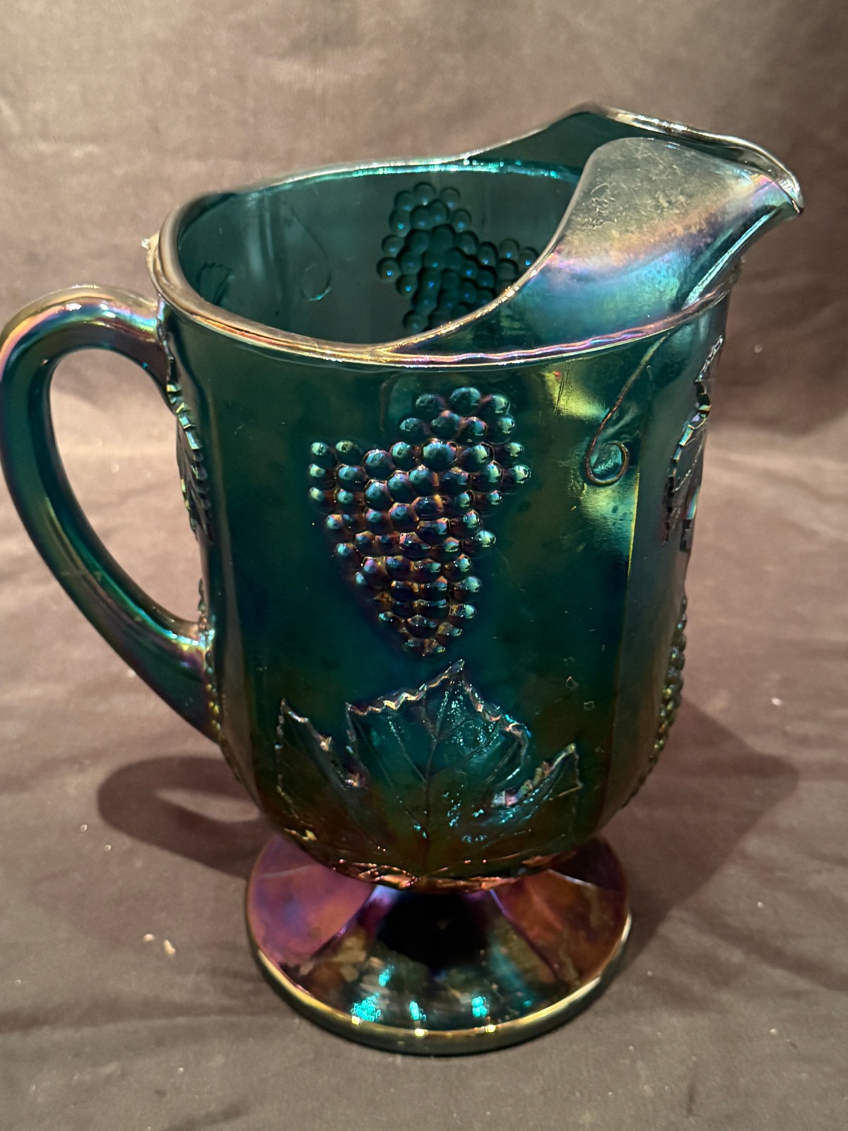 Harvest Grape & Leaf Indiana Art Glass Carnival Iridescent Blue Water Pitcher