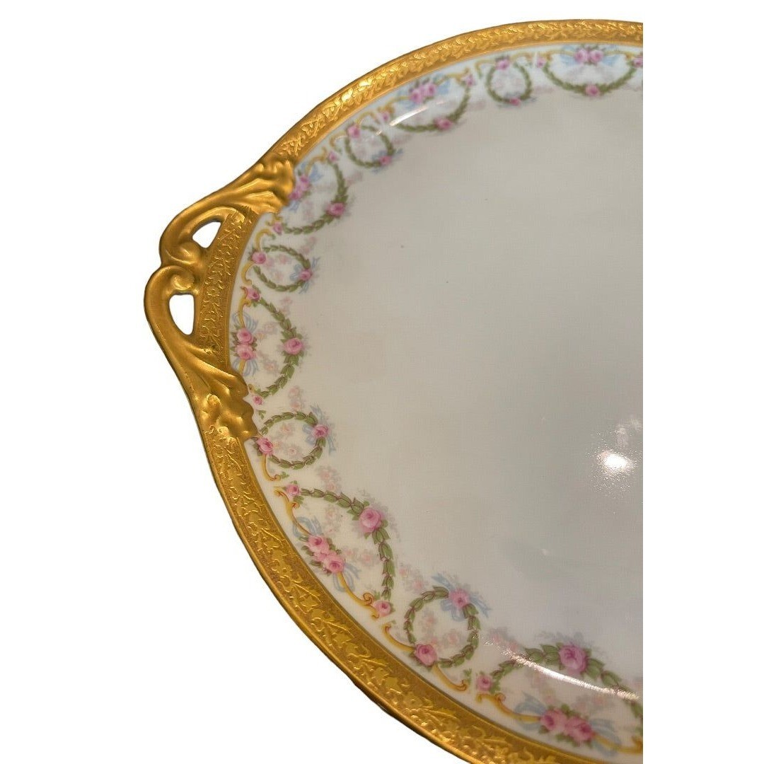 Redon Handled Cake Plate Rose Garland Wreath Pattern Vintage 11″ Gold Verge