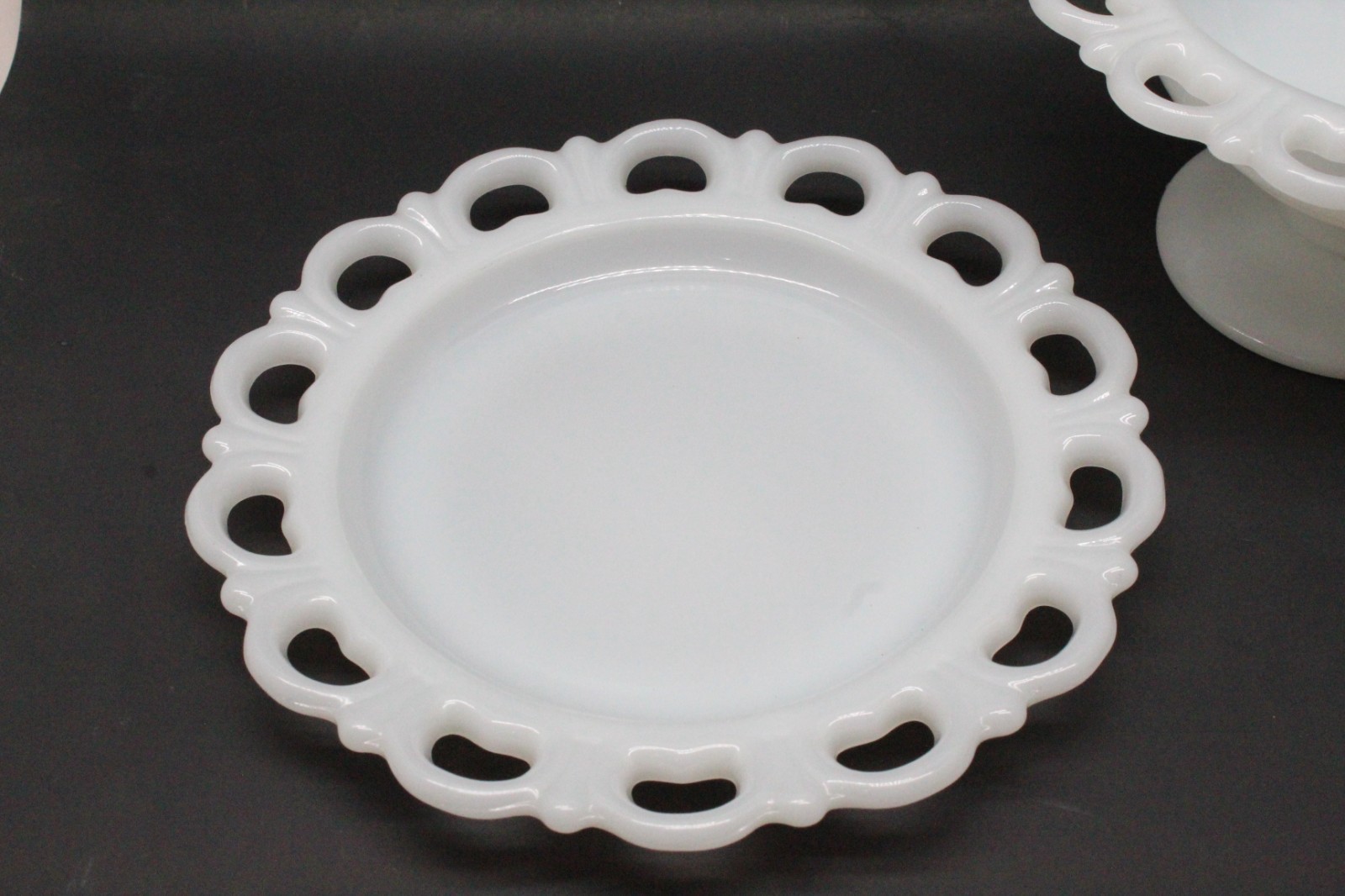 White Milk Glass Scalloped Open Lace Edge Pedestal Candy Dish & Plate
